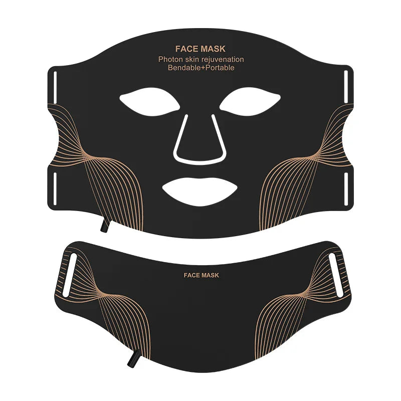 LED-Gesichtsmaske und Halsteil aus Silikon in Schwarz und Gold