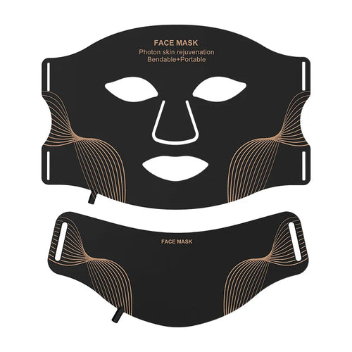 LED-Gesichtsmaske und Halsteil aus Silikon in Schwarz und Gold