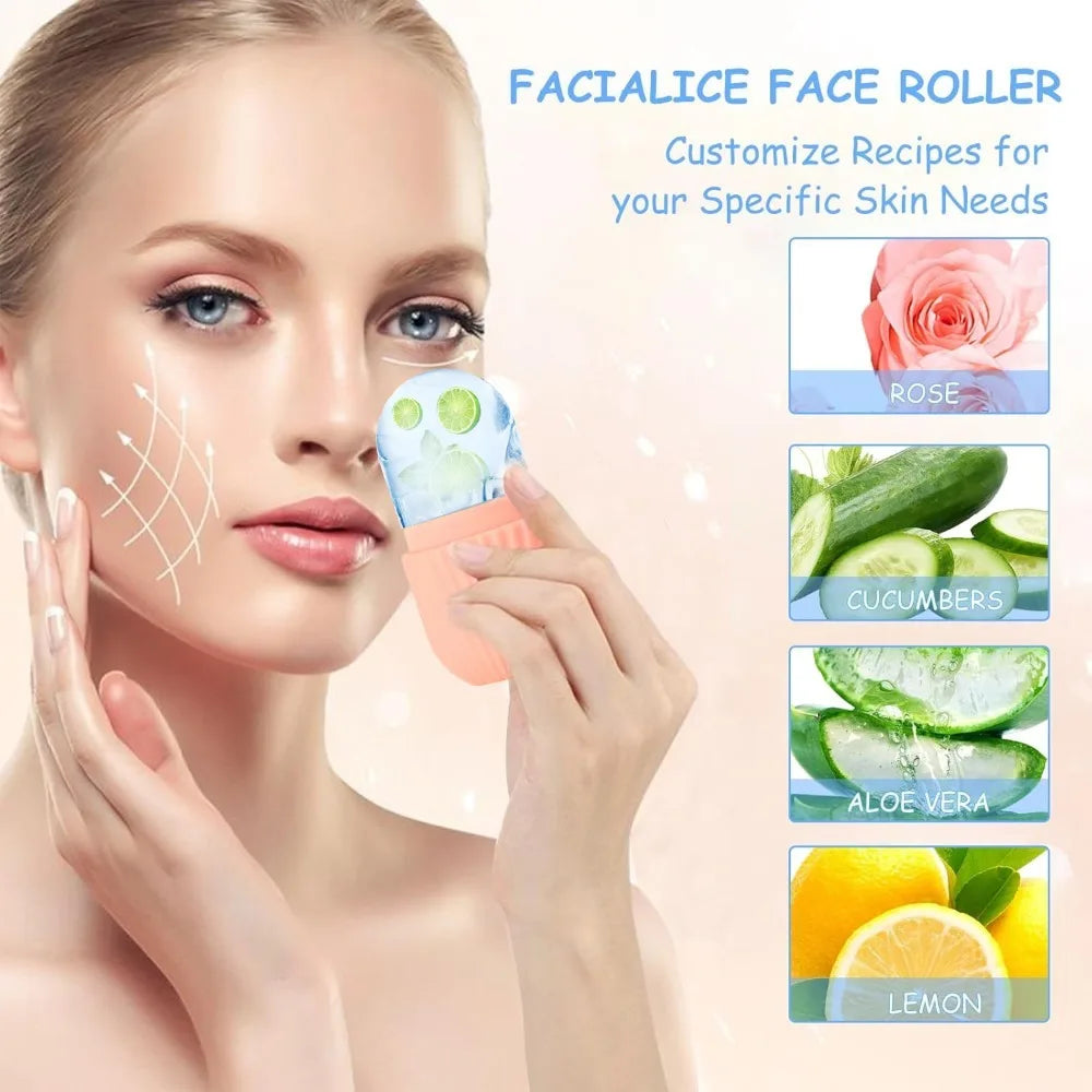Woman using the pink facial ice mold