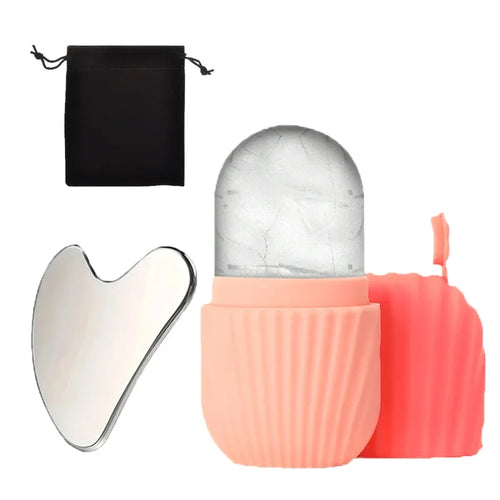 Kälte-Set fürs Gesicht: rosa Eisform, Gua Sha aus Edelstahl und Beutel