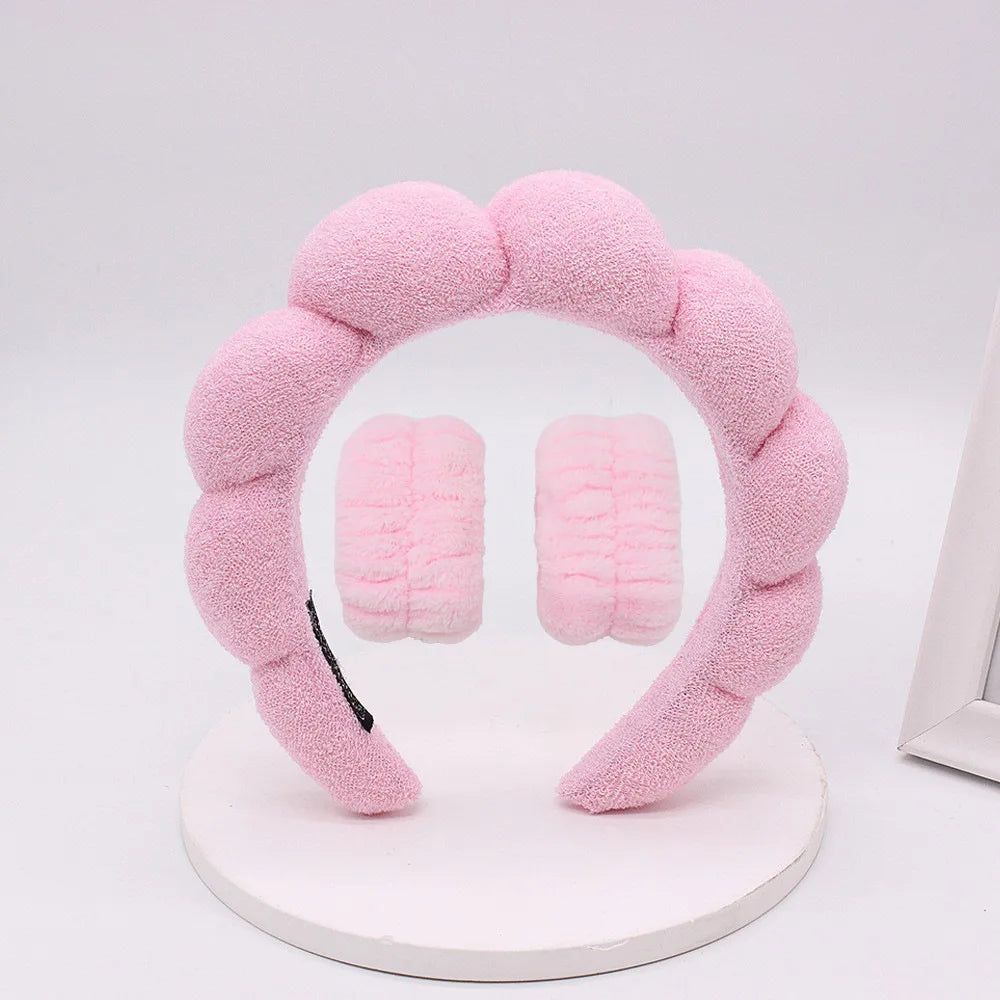 Pink fleece spa headband with 2 wristbands