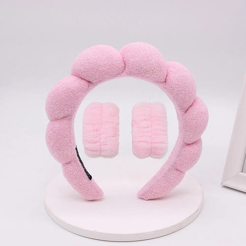 Rosa Spa-Stirnband aus Fleece mit 2 Armbändern