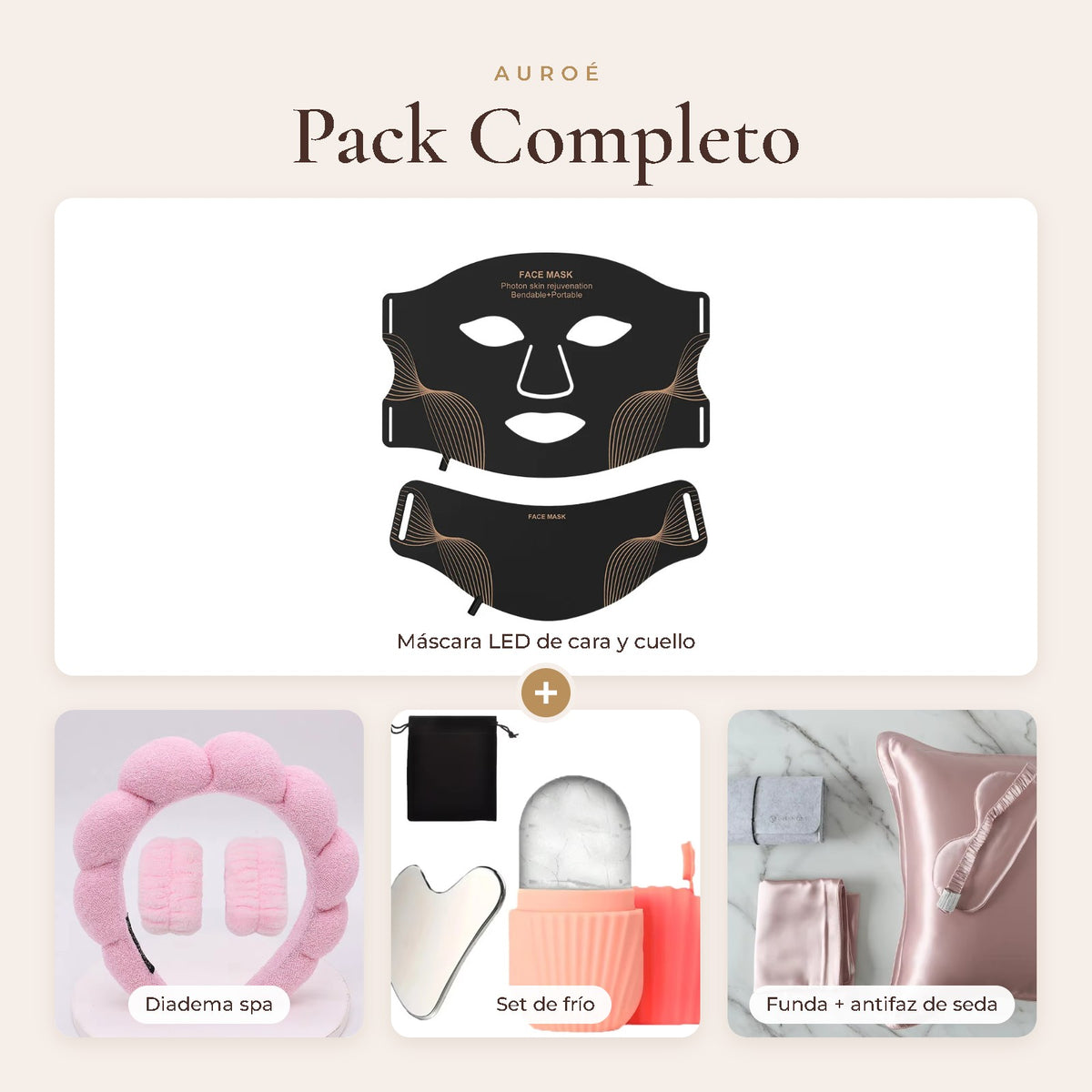 Auroé Complete Set: LED mask, spa headband, cooling set and silk set