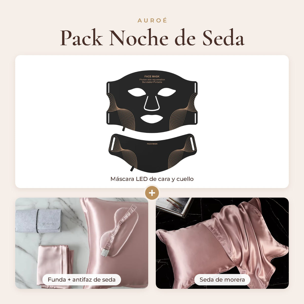 Auroé Silk Night Set: LED face and neck mask, silk pillowcase and silk sleep mask