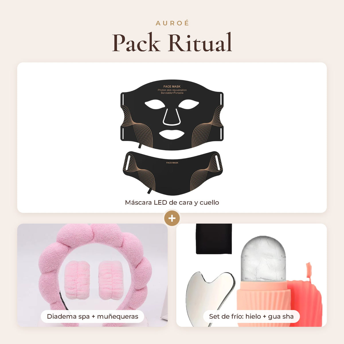 Auroé Ritual Set: LED face and neck mask, spa headband with wristbands and cooling set with gua sha